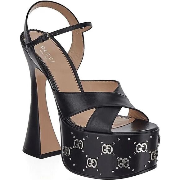 Gucci GG Embellished Black Platform sandal Silver Interlocking G Studs 37.5 - Picture 2 of 10